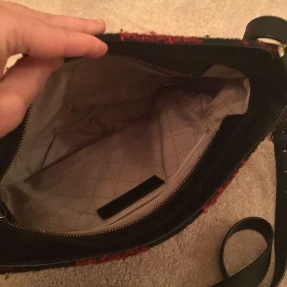 Talbots Wool Blend Red/Black Buffalo Plaid Crossbody Leather Trim Bag - Picture 6 of 8